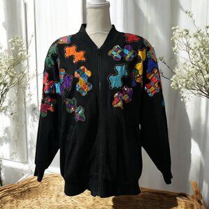 80s Gantos Black Sequin Bomber‎ Jacket Size Large